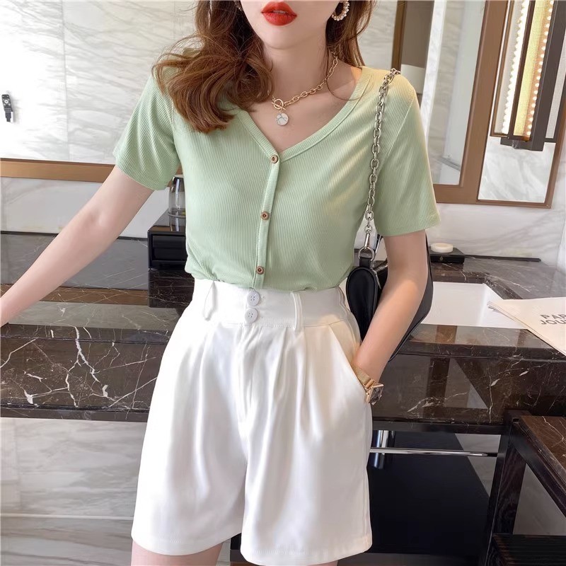 Áo thun ngắn tay nữ mùa hè mỏng cổ chữ V nhỏ Slim-fit thon gọn hơn trông màu đen Áo thun nữ phong cách ngắn