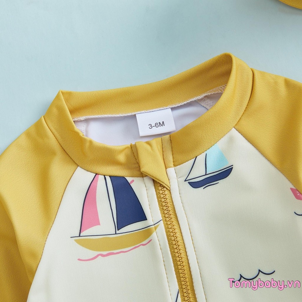 Bộ đồ bơi Baby Boys Rash Guard In thuyền buồm Áo dây kéo dài tay + Quần short chắc chắn + Mũ bơi 3 trang phục