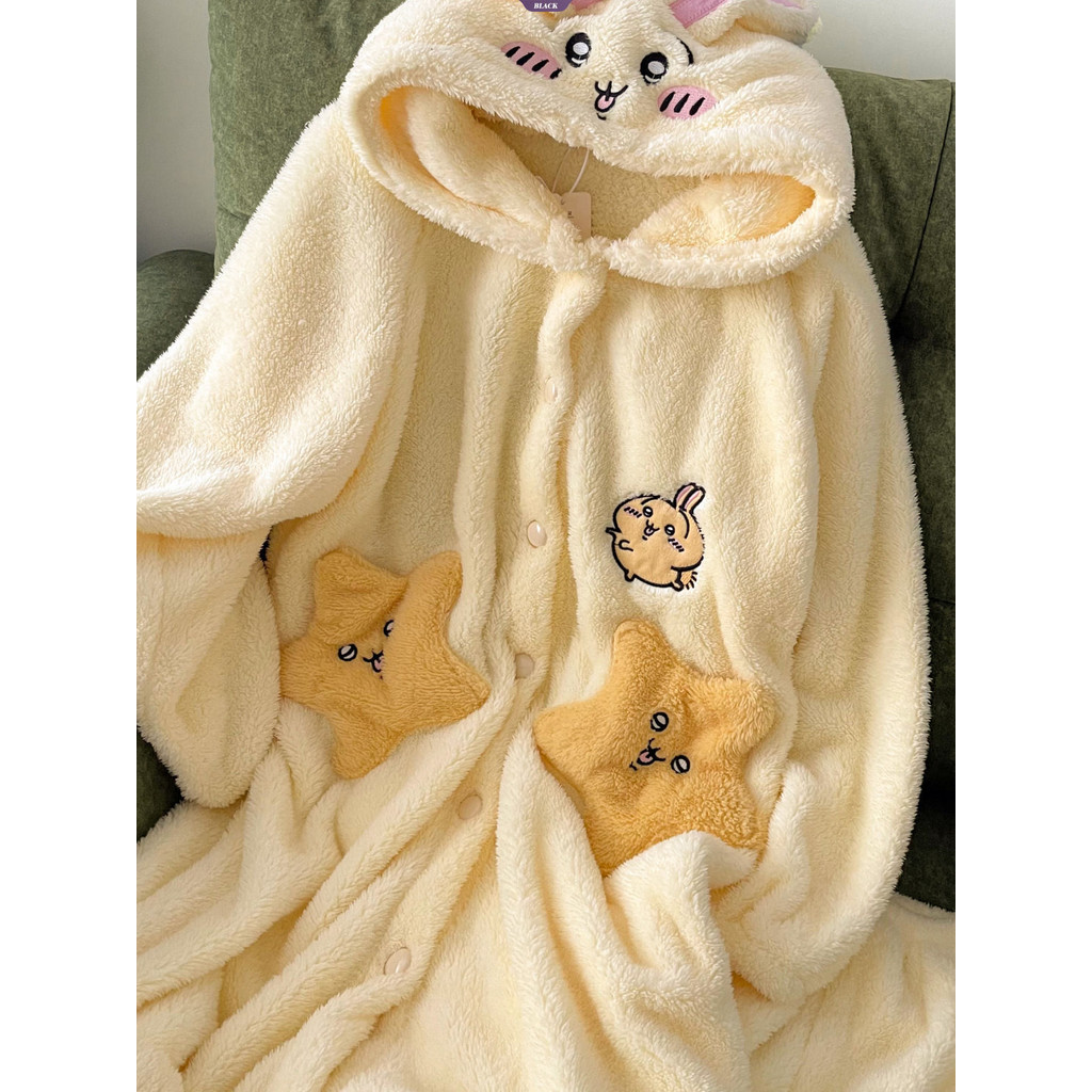 Bộ Đồ Ngủ Usagi Dễ Thương Nữ Mùa Đông Nhung San Hô Có Mũ Trùm Đầu Có Đệm Và Dày Học Sinh Quần Áo Gia Đình Ấm Áp [BL]