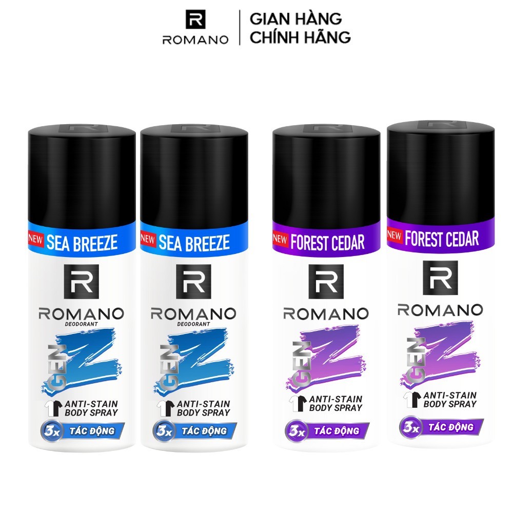 Combo 2 Xịt khử mùi toàn thân cho nam Romano ngăn vệt ố vàng Genz / ngăn mô hôi ( 140ml / 150ml x 2 ) - Live