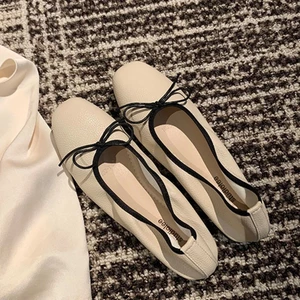 Bowknot Mùa Hè Pháp Slip-On Nữ Ngón Chân Vuông Đế Mềm Giày Ba Lê Đế Bằng Nữ Mặc Ngoài 24.12.11
