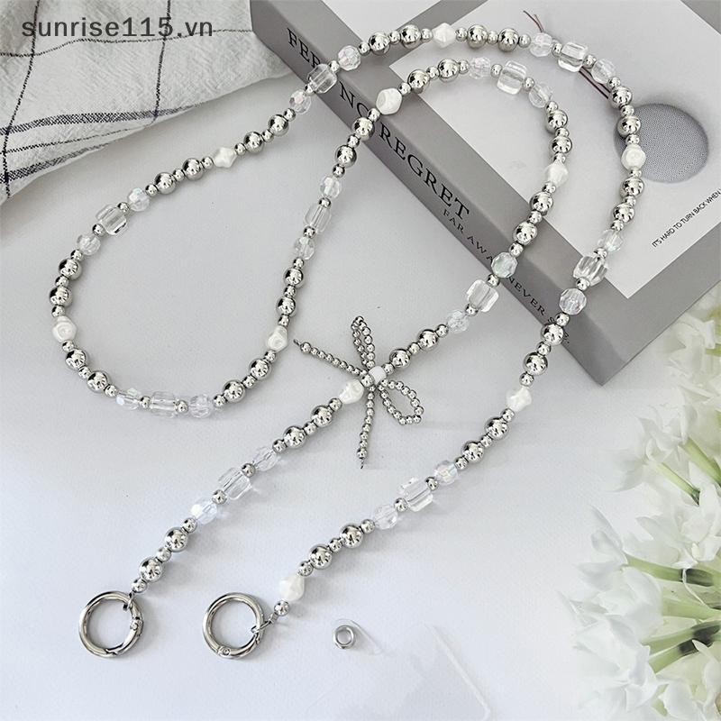 Dây đeo điện thoại di động Srvn ngang nơ hạt bạc, chống mất, dùng cho cổ