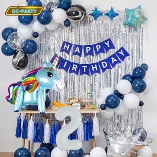 Set Bóng Trang Trí Sinh Nhật Tuổi Meo,tuổi Mão, thôi nôi, 12 con giáp cho bé gái - bé trai SNTE-RÈM BẠC 2-NGỰA XANH