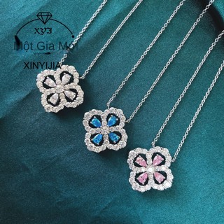 Dây chuyền nữ bạc S925 hình cỏ bốn lá đính đá Moissanite xanh và đá Moissanite hồng, quà tặng cho bạn gái, mã S68.