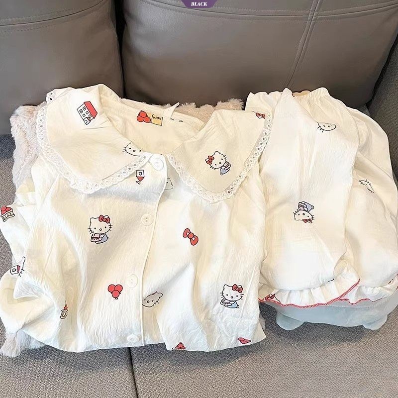 Bộ Đồ Ngủ Hoa Dễ Thương Nhật Bản Nữ Mùa Hè Tay Ngắn Ngọt Ngào Nơ Cổ Tròn Loungewear Set [BL]
