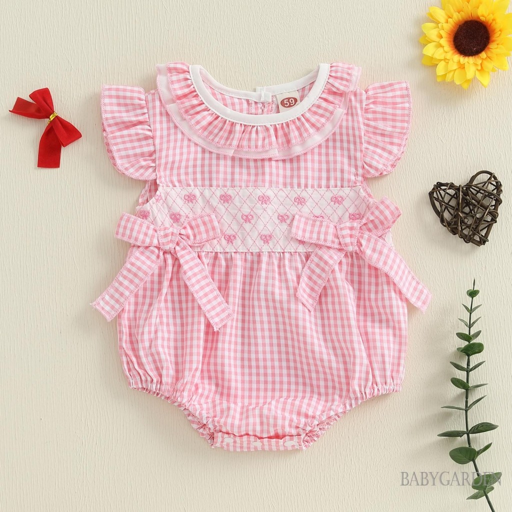 / / -Baby Bé Gái Rompers Nơ Thêu Kẻ Sọc Xù Cổ Tròn Tay Bay Quần Áo