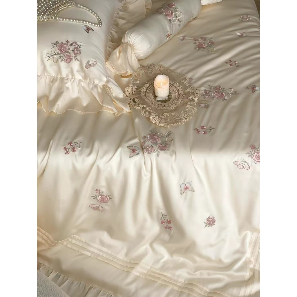 (L41490) Bộ Chăn Ga Gối Chất Liệu Tencel 60s Mềm Mại Thêu Hoa Nổi Tinh Xảo Bèo Rủ Nhẹ Nhàng - MemMinbedding Luxury