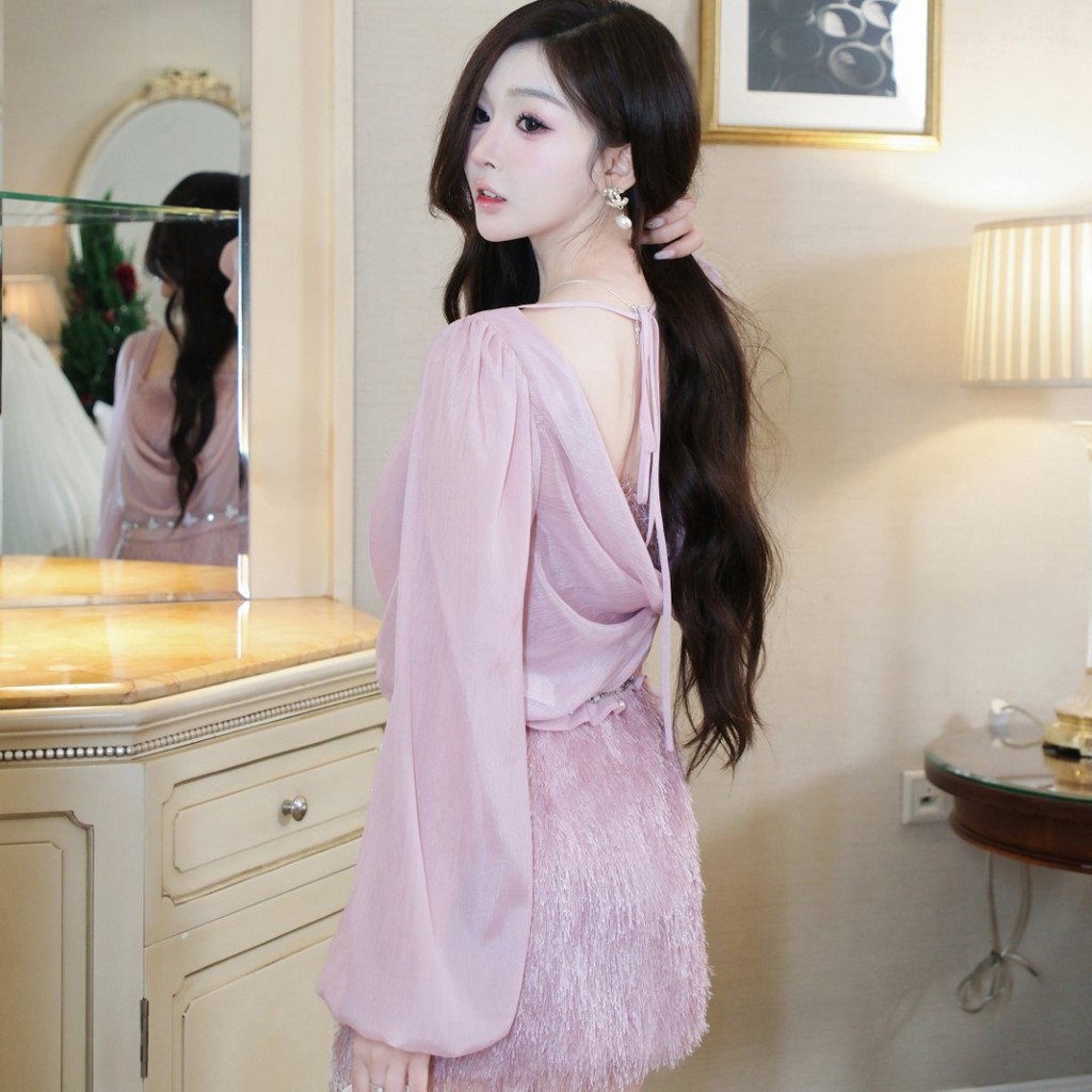 Đầm KHIẾT dáng suông lông vũ kèm áo choàng tằm phong cácg dự tiêc sang chảnh KD44