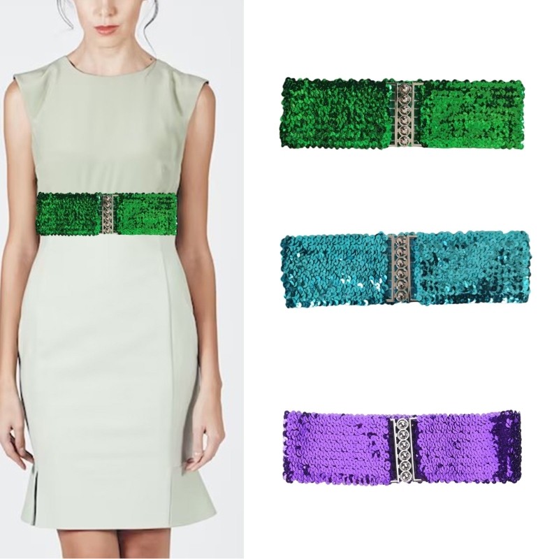 YOI Sequined Rộng Corset Thắt Lưng Nữ Co Giãn Waspie Thắt Lưng Cho Thiếu Niên Cô Gái Shimmering Eo Cincher Áo Khoác Đầm Decorat