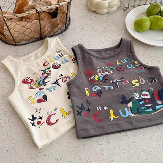 Áo vest cotton mới mùa hè cho bé trai và bé gái, áo phông in chữ graffiti, áo không tay thời trang cho trẻ nhỏ