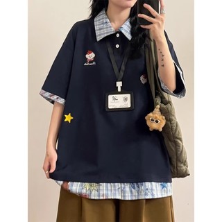 GKSSS Mới Áo Sơ Mi POLO Tay Ngắn Thời Trang Họa Tiết Chó Con Nối Giả Hai Mảnh Thời Trang Trung Lập Phong Cách