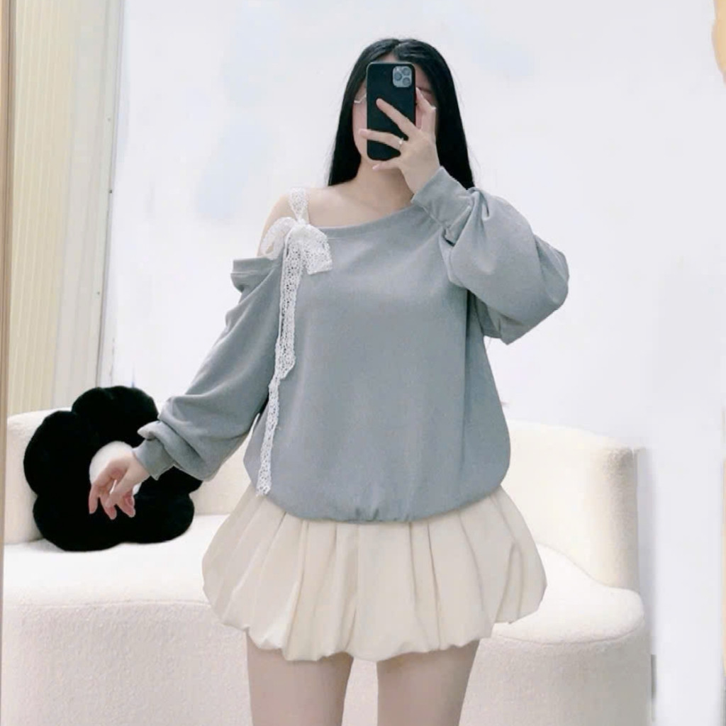 Set Bộ Tiểu Thư Bigsize Áo Kiểu Trễ Vai Kèm Chân Váy Bí Cho Chubby Mặc Tết Noel SET931