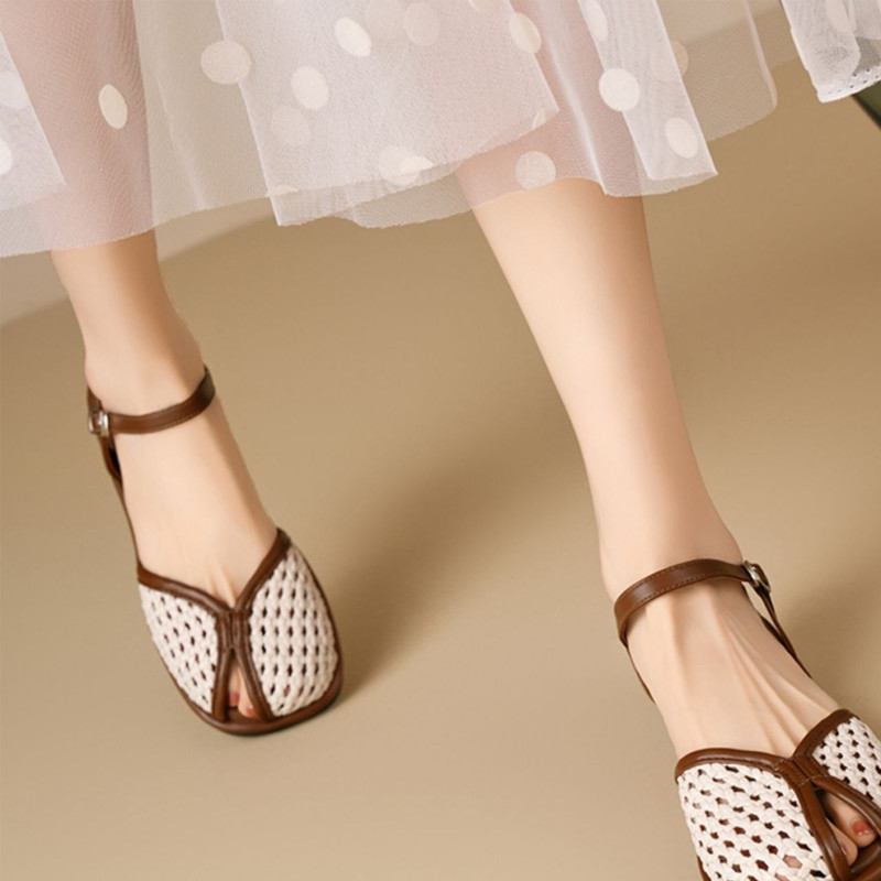 Atikota La Mã Sandal Retro Đế Bằng Cho Nữ Bện Cắt Ra Nửa Gói Giày Mùa Hè Thoải Mái