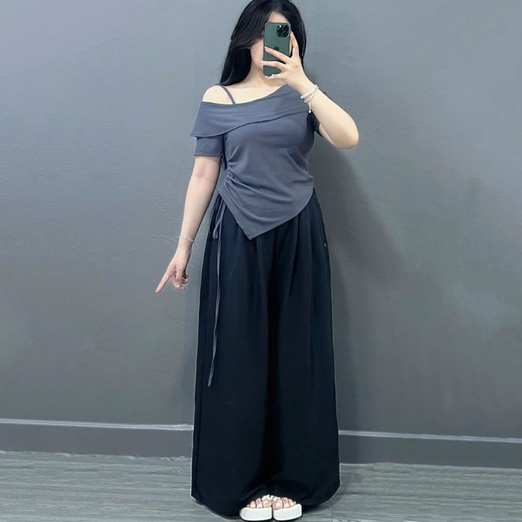 Bộ Đồ Hè Nữ BigSize Kiểu ,Set Áo Thun Trễ Vai Kèm Quần Suông Ống Rộng Vải Mềm Mịn Mát SET980