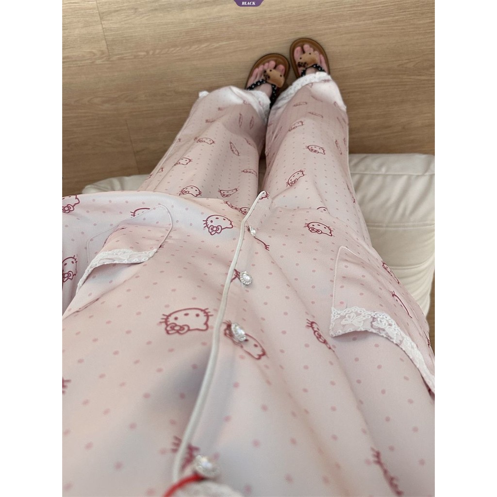 Bộ đồ ngủ ren chấm bi ngọt ngào Hello Kitty dành cho nữ Xuân hè Bộ đồ dài tay mới [BL]