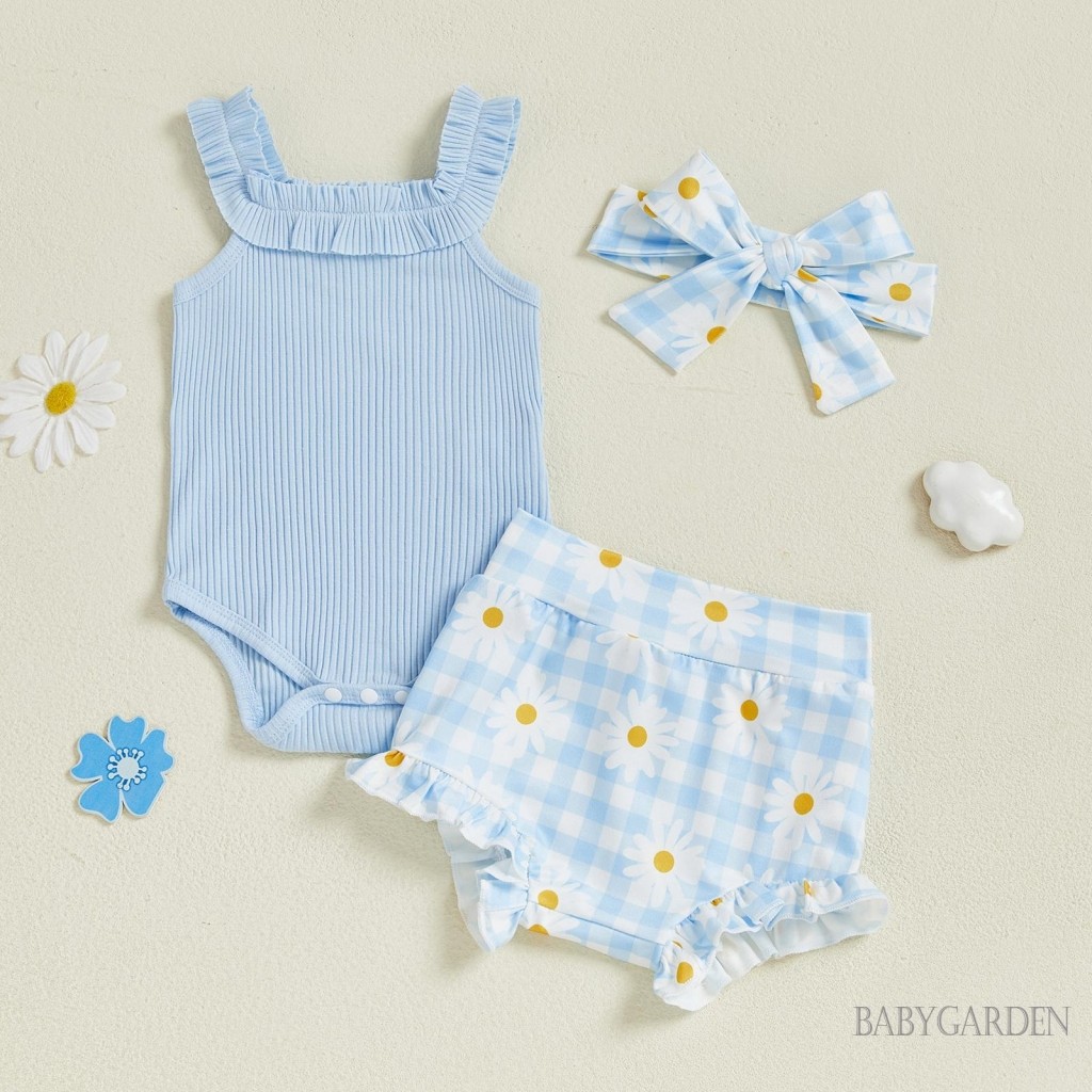 / / -Bộ đồ liền thân không tay có gân chắc chắn Kẻ sọc Daisy Ruffle Quần short Headband 3 mảnh trang phục