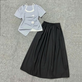 Set bigsize 2 món áo thun lớp trong đính nơ phối chân váy xòe dáng dài cho nàng cgupy xinh xắn SET(A278+CV15)