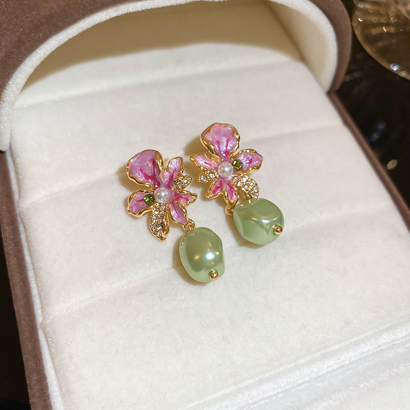 [Jewbeauty] Vàng thật mạ bạc kim vàng tím nhỏ giọt dầu hoa ngọc trai bông tai Pháp ngọt ngào cao cấp bông tai nữ