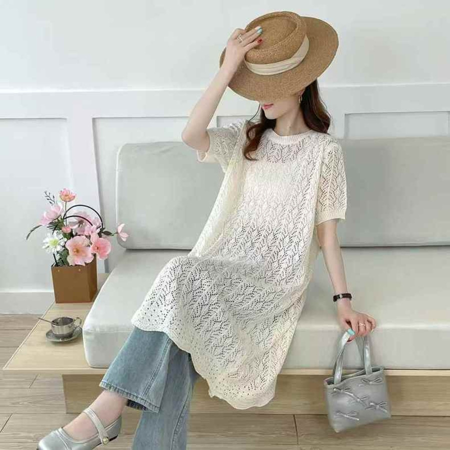 SUXI Mùa hè Mới Đơn Giản Nữ Phong Cách Hàn Quốc Móc Hoa Rỗng Dệt Kim Cardigan 250510
