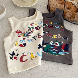 Áo vest cotton mới mùa hè cho bé trai và bé gái, áo phông in chữ graffiti, áo không tay thời trang cho trẻ nhỏ