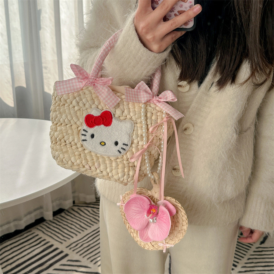 Túi Cõi Đeo Vai Đeo Chéo Hello Kitty Cỏ Dệt Túi Pufan Đi Biển Đi Du Lịch
