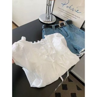 Phong Cách Hàn Quốc Nữ Nữ Rời Ruffle Baggy Áo Sơ Mi Tay Ngắn Áo Ren Thêu Giả-hai Mảnh