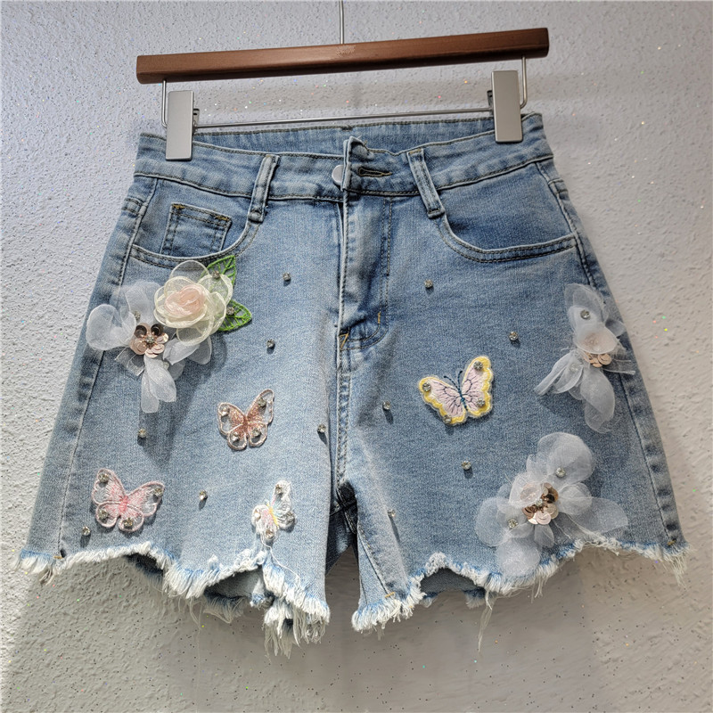Ga Châu Âu Quần Short Denim Nữ Mùa Hè 2025 Phong Cách Mới Hợp Thời Trang Rách Đính Hạt Hoa Thêu Mỏng Hơn Nhìn Rộng Quần Nóng