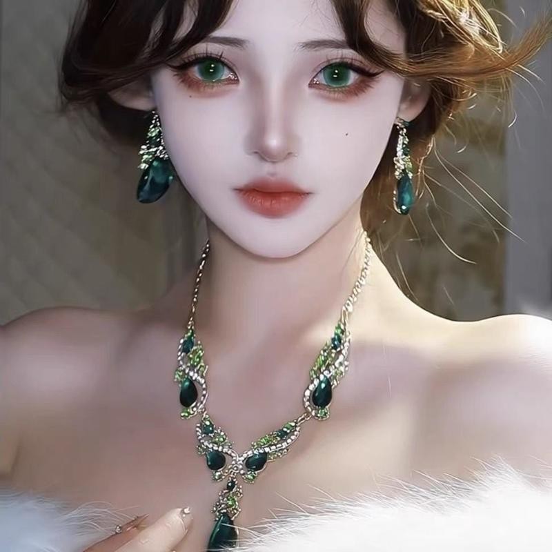 Retro Cung Điện Phong Cách Xanh Giọt Nước Vòng Cổ Bông Tai Nữ Ánh Sáng Sang Trọng Cảm Giác Cao Cấp
