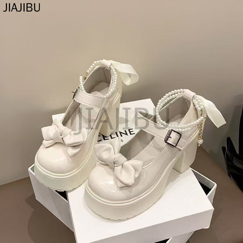 Size 34-44 Giày Nữ Size Lớn Chất Lượng Cao 43 Korean Fashion Platform Bow Mary Jane Shoes 42 Giày Lolita Đồng Phục JK Nhật Bản French Beige Beaded Thick Heel Doll Shoes Giày Cosplay Cao Gót Mũi Tròn Chống Trượt Phong Cách Anh Quốc Giày Bên Giày Khiêu Vũ