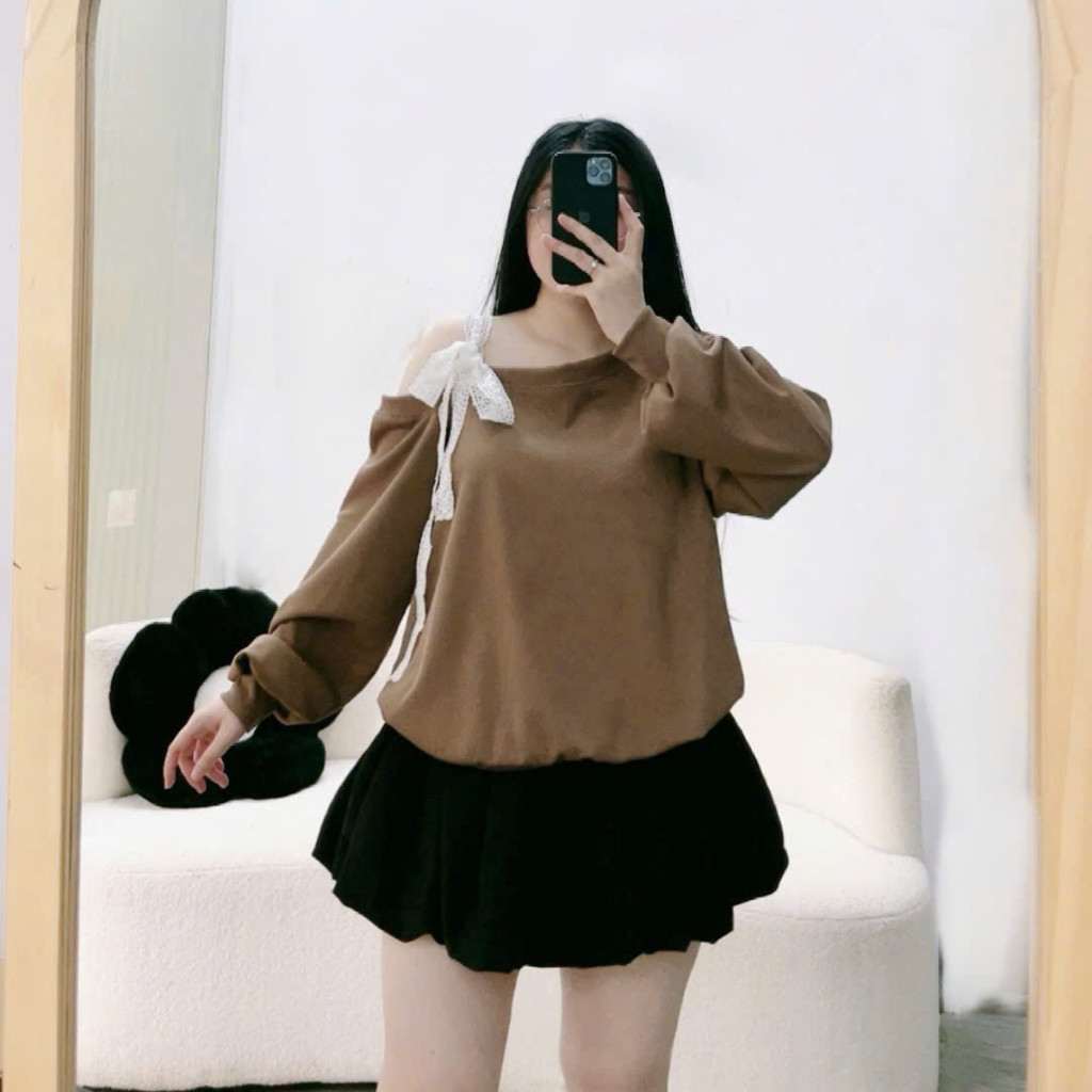 Set Bộ Tiểu Thư Bigsize Áo Kiểu Trễ Vai Kèm Chân Váy Bí Cho Chubby Mặc Tết Noel SET931