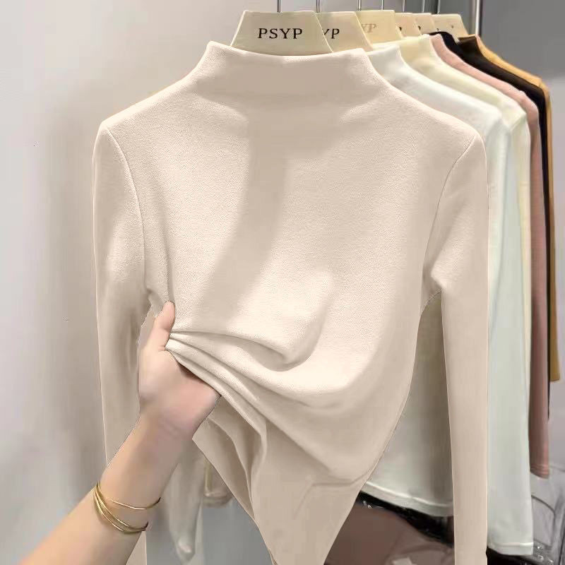 Áo giữ ấm áo mặc trong một màu giữ ấm nhung Đức hai mặt cho nữ áo phông dài tay phối bên trong ôm dáng cổ cao nửa cổ mùa thu đông cho nữ