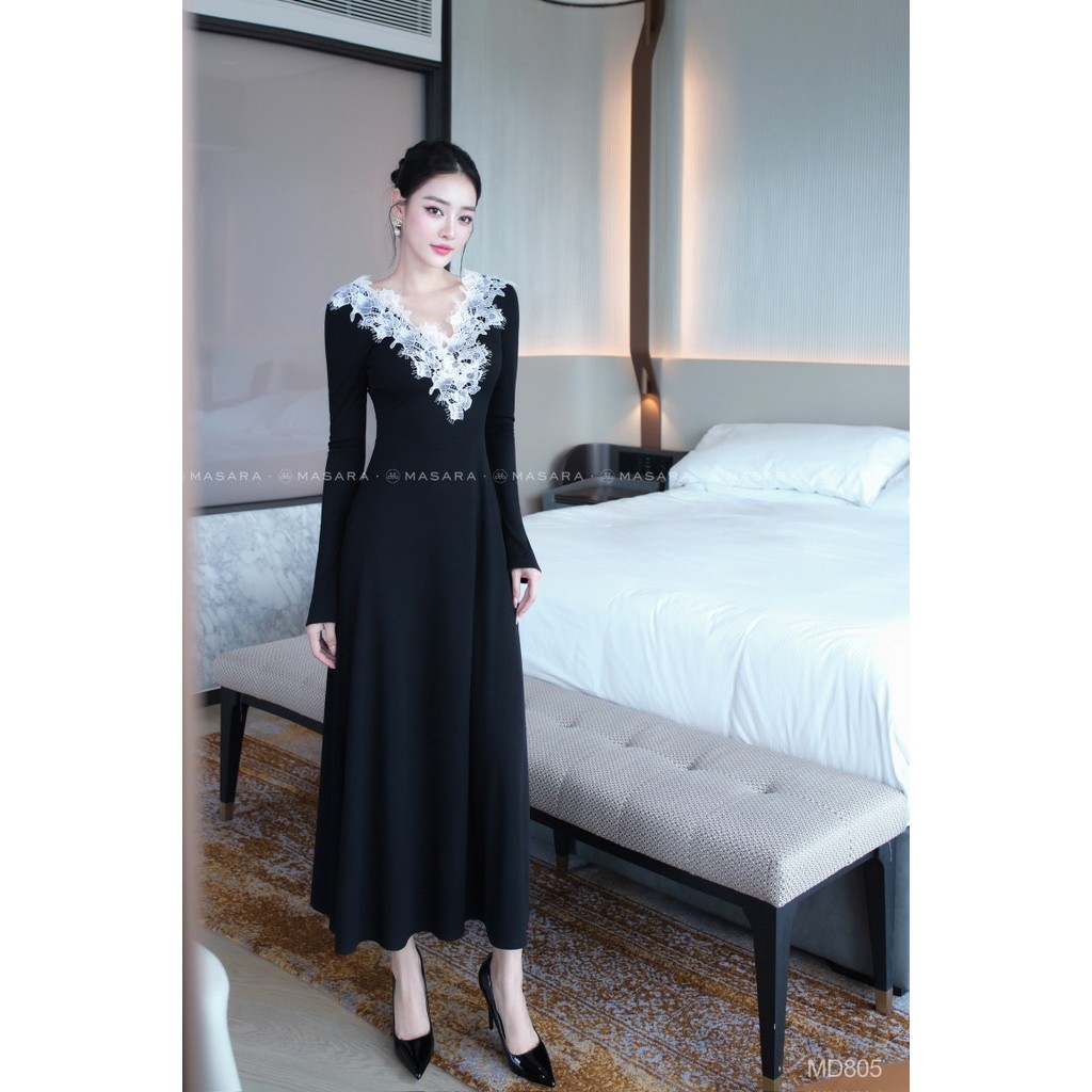 Đầm nữ Masara dáng dài chất thun đen ren trắng cổ V phong cách thanh lịch MD805