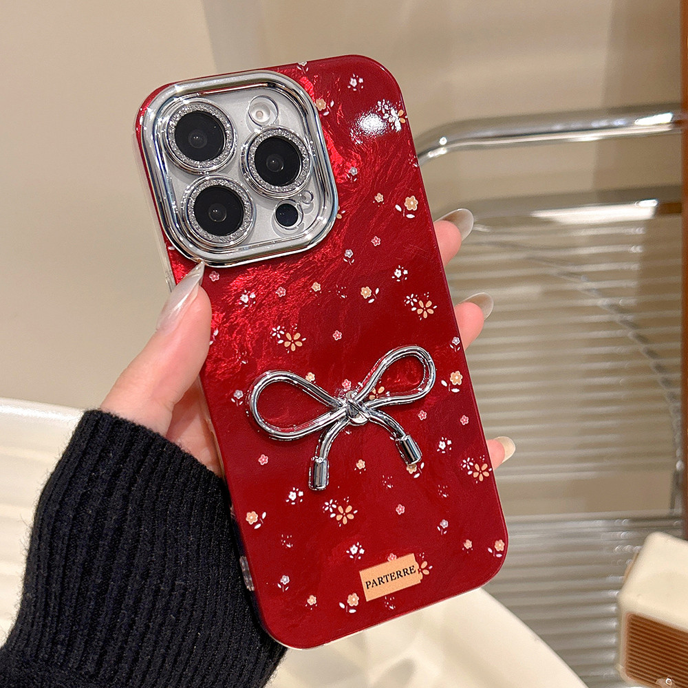 Nơ Lập Thể Với Phim Ống Kính Lấp Lánh Vỏ Điện Thoại Acrylic Cho iPhone 17 Pro Max 17 Air 16 Plus 15 14 13 12 11 Pro Max Vỏ Bảo Vệ Chống Sốc
