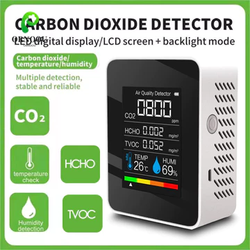 Màn hình chất lượng không khí ORNOOU, Máy đo độ ẩm 5 trong 1 Máy dò CO2, Máy kiểm tra TVOC nhiệt độ LCD đa chức năng tại nhà