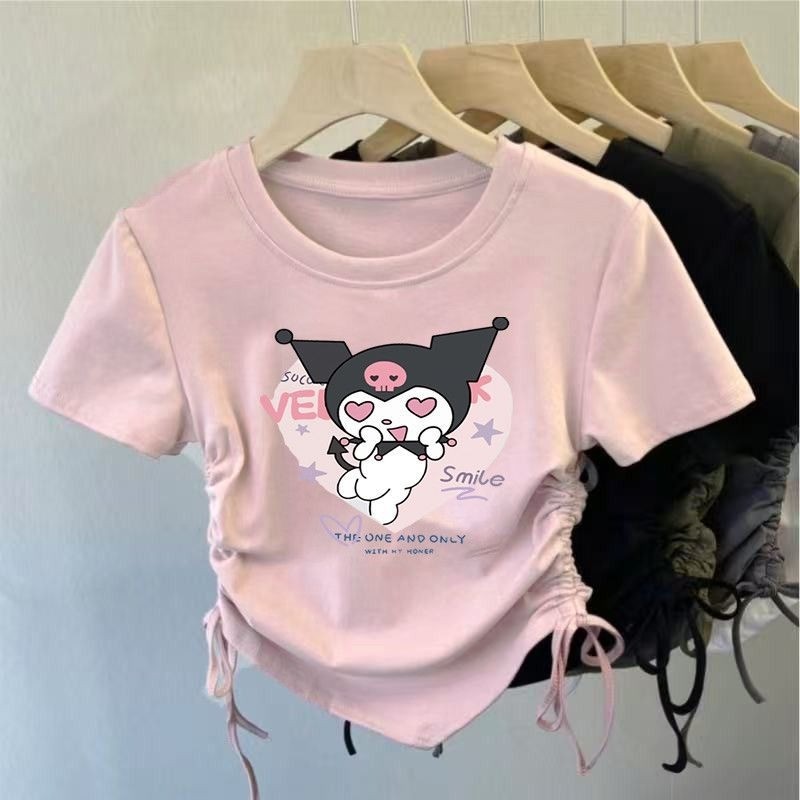 2025 My Melody & Kuromi Ice Silk Tee Bé Gái Dây Rút Áo Sơ Mi Mùa Hè Thiết Kế Hoạt Hình Dễ Thương