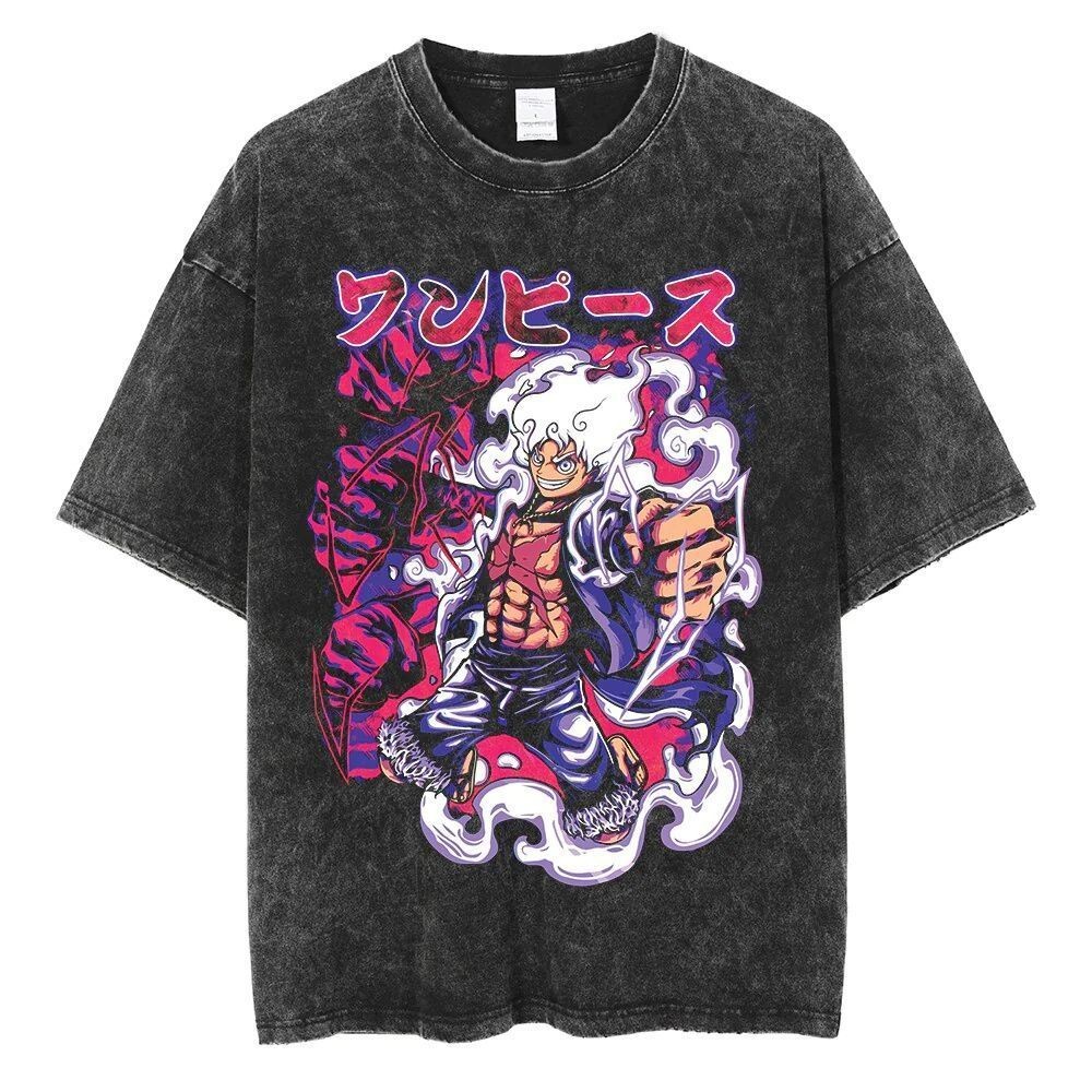 Áo thun vintage phai màu phong cách Mỹ Hip Hop Anime One Piece rộng rãi Ukiyo-e mùa hè