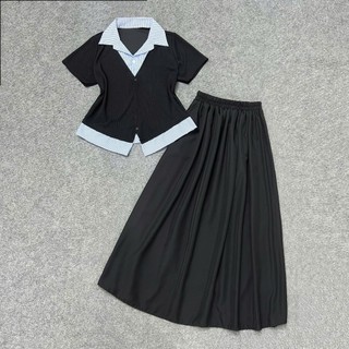 Set đồ nữ bigsize 2 món áo kiểu sơ mi phối váy dáng dài xòe che khuyết điểm lưng chun thoải mái SET(SM185+CV15)