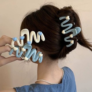 [3-5 Ngày Đến] 2 Kẹp Cá Mập Lớn Không Đều Hình Sóng - INS Style, Sweet - Kẹp Vuốt Tóc Màu Kem - Giá Đỡ Đuôi Ngựa - Kẹp Tóc Trái Tim Trắng Xanh