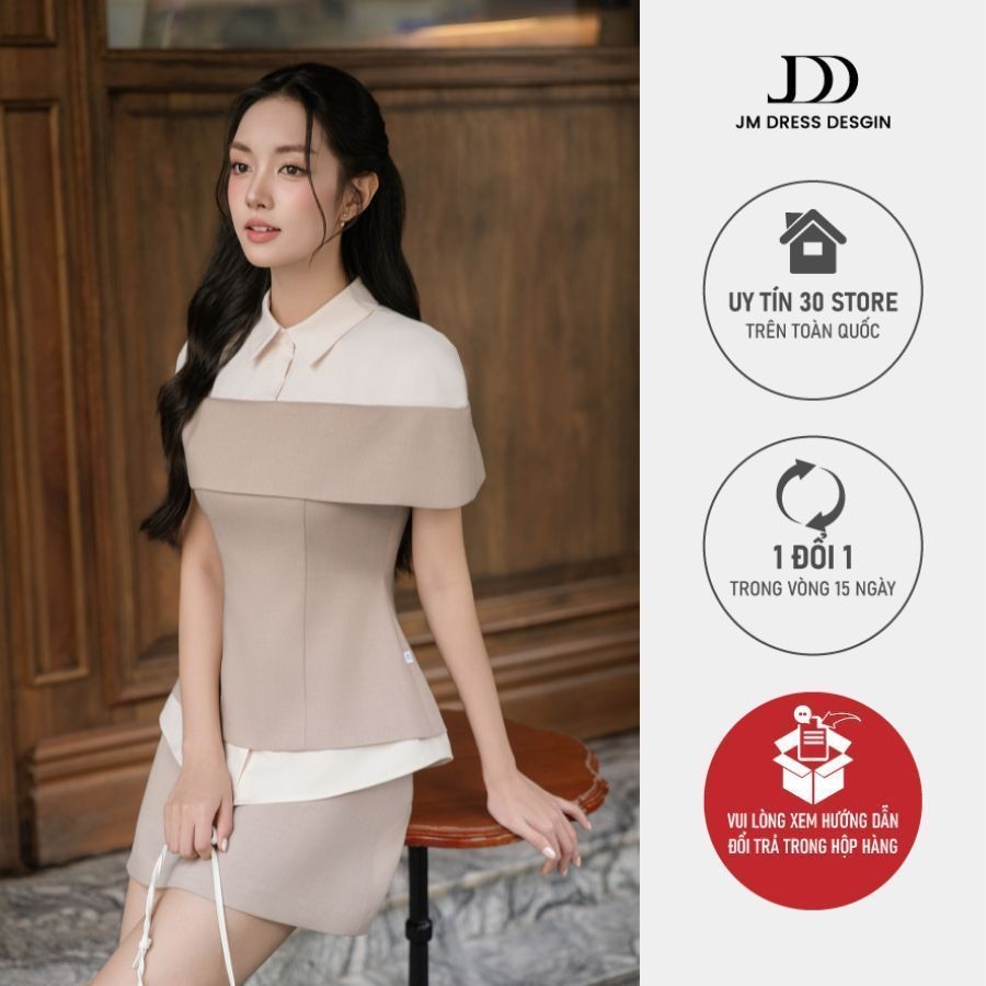 Ảnh Set đồ Áo ngang vai phối sơ mi 2T15.2504K, Chân váy ngắn dáng A 4S13.2504K, Bộ đồ công sở thanh lịch sang trọng của JM 1