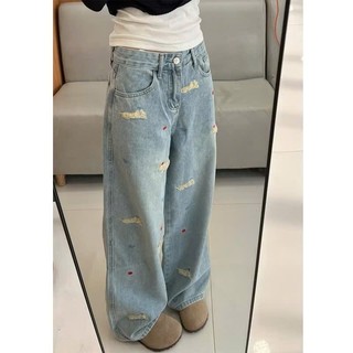 Quần Jean Bigsize Nữ Ống Rộng Cạp Cao Họa Tiết Xinh Cá Tính Chất Denim Phong Cách Q553