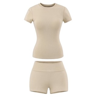 Đơn giản Spice Girl Wind Suit bó sát với miếng đệm ngực Áo thun tay ngắn Quần Short lưng cao Bộ đồ hai mảnh