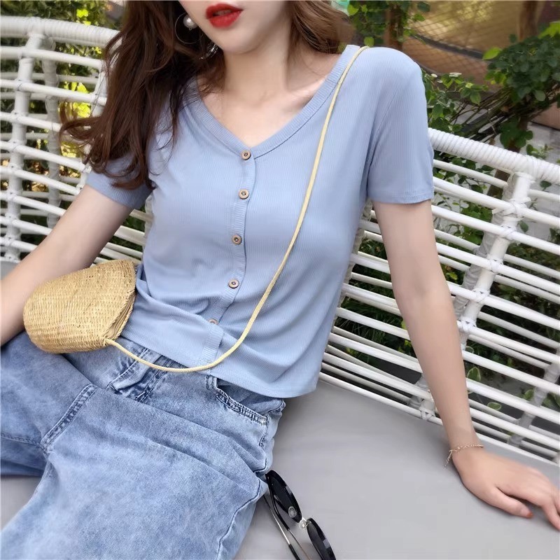 Áo thun ngắn tay nữ mùa hè mỏng cổ chữ V nhỏ Slim-fit thon gọn hơn trông màu đen Áo thun nữ phong cách ngắn