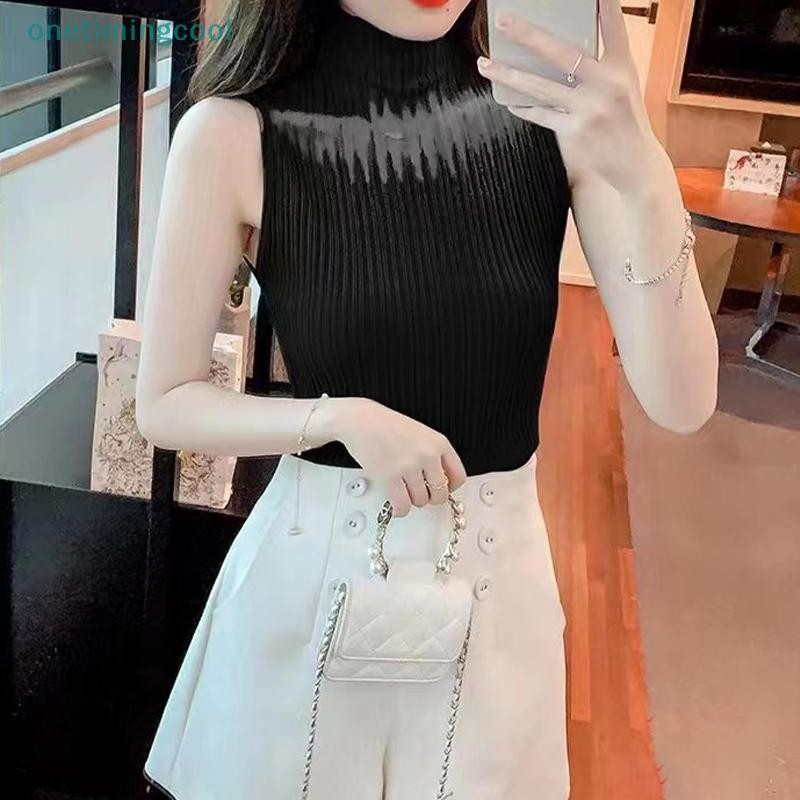 Onetimingcool Mùa Hè Hàn Quốc Nửa Cổ Rùa Rỗng Dệt Kim Áo Vest Nữ Màu Trơn Không Tay Slim Top VN
