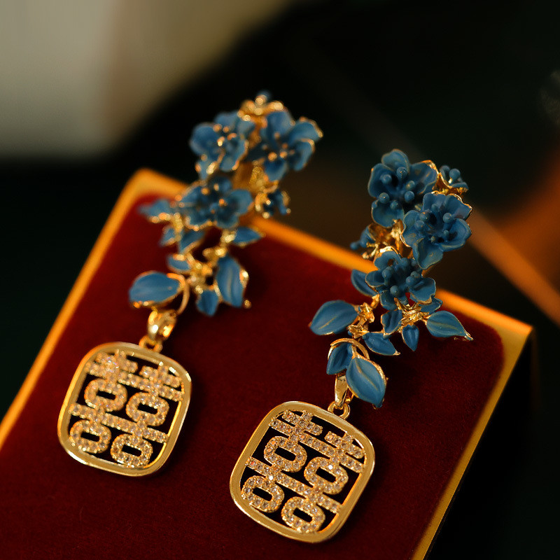 Bông Tai Phong Cách Trung Hoa Hoa Micro-Dát Đôi Hạnh Phúc Bông Tai Cung Điện Tính Khí Sườn Xám Cloisonne Kẹp Tai Phong Cách Không Xuyên Phụ Kiện 24.11.26