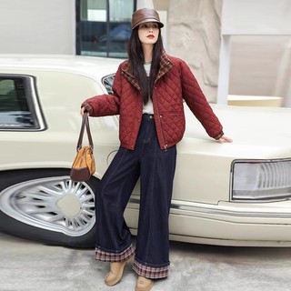 Áo khoác Cotton ngắn có đệm mùa đông phong cách mới hình thoi hai bông dáng rộng mỏng hơn nhìn đứng cổ áo phong cách phương Tây xuống Pad