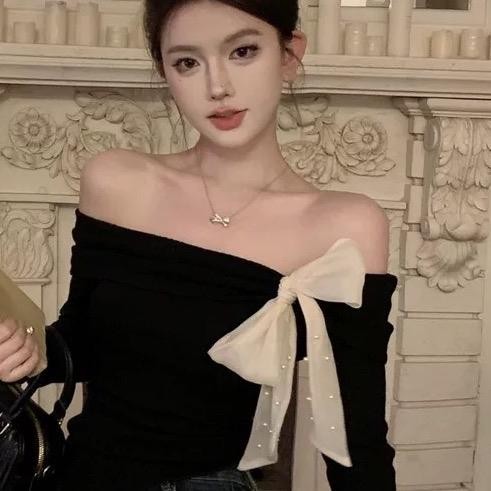 Áo trễ vai nữ sang chảnh trễ vai chất thun len dài tay thắt nơ đính ngọc trai A087 top women