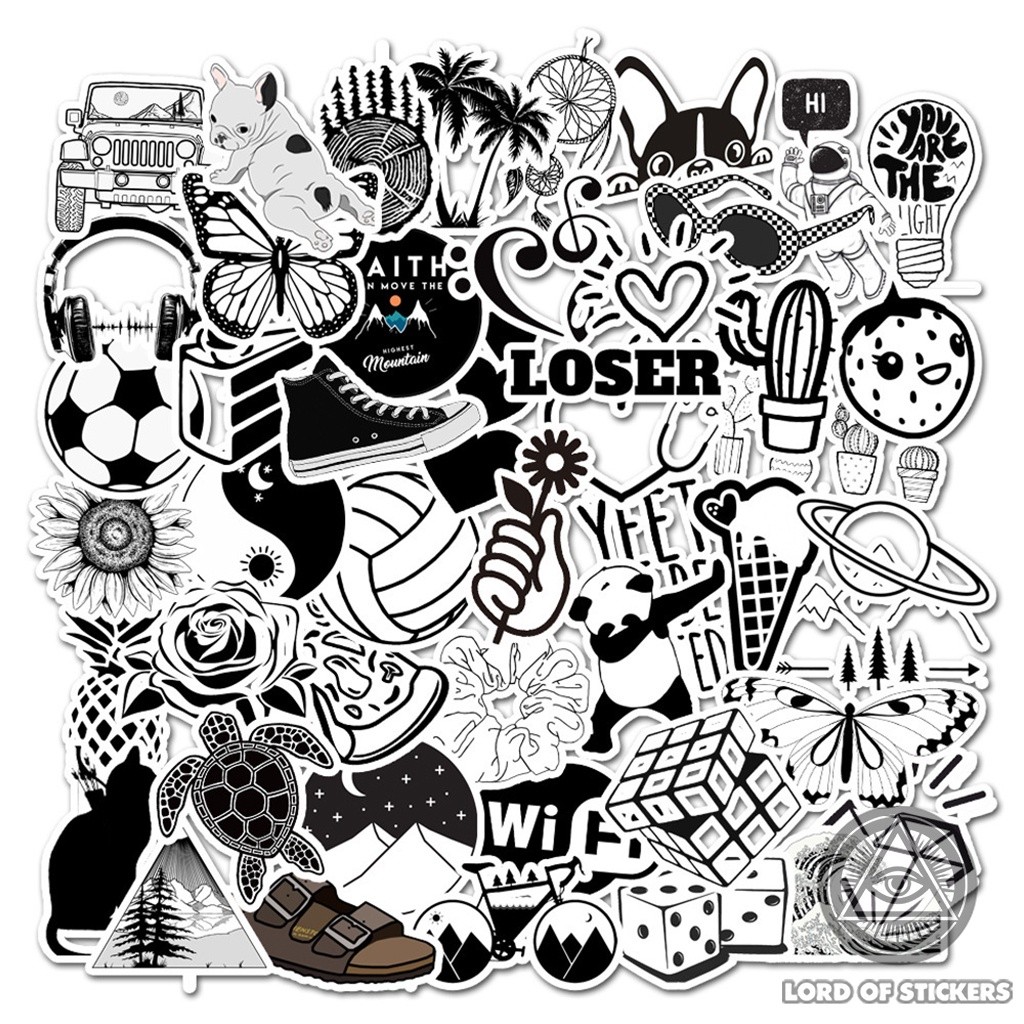 50 Nhãn Dán Sticker Họa Tiết Graffiti Đen Trắng Cute Phong Cách Hoạt Hình