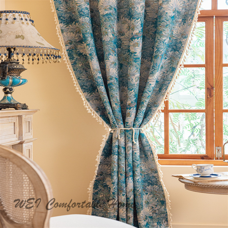 Pháp Xanh Sơn Dầu Rèm Phong Cách Mục Vụ Phòng Ngủ Vịnh Cửa Sổ Bán Đen Jacquard Phòng Khách Hoàn Thành Rèm