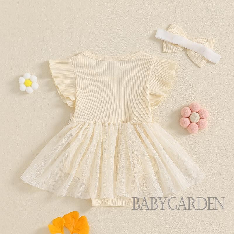 / / -Baby Girl Lưới Hem Tay Ngắn Cổ Tròn Hoa Miếng Dán Màu Trơn Dễ Thương Romper Đầm Có Nơ Băng Đô Mùa Hè