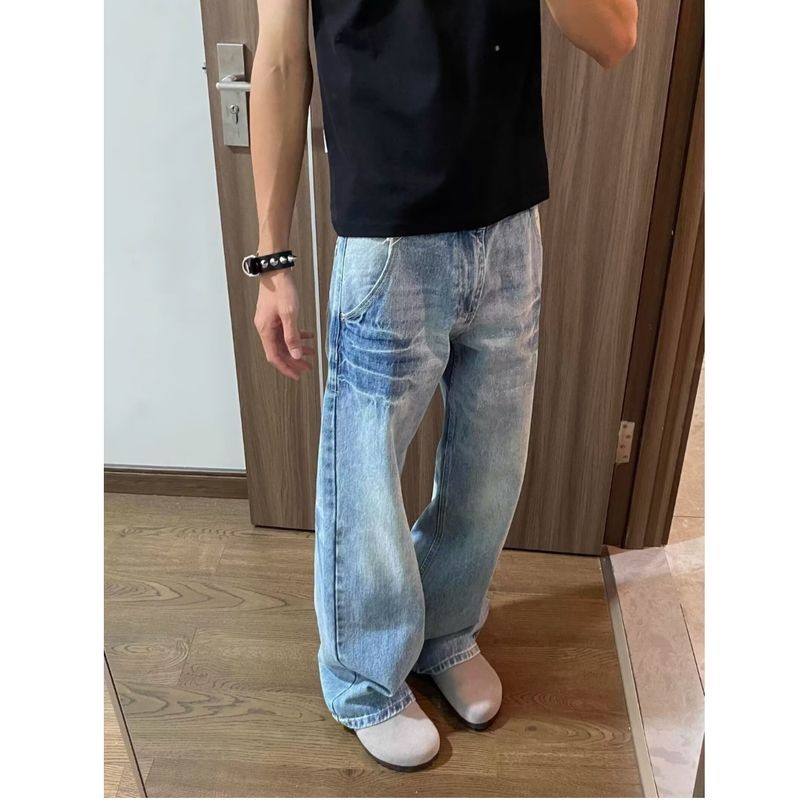 ThaliaWisp Quần Jean Nam Mỹ Retro High Street Lightning Crack Thiết Kế Quần Dài